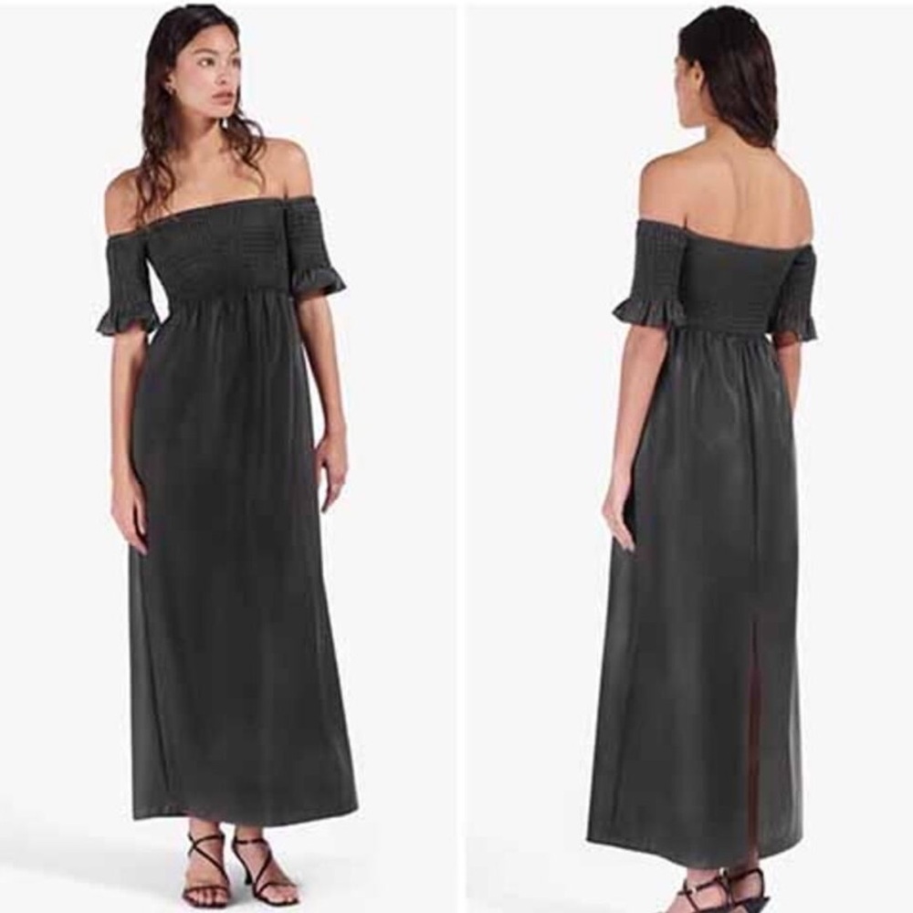 STAUD Mae Smocked Off-The-Shoulder Vegan Leather Maxi Dress Black Medium